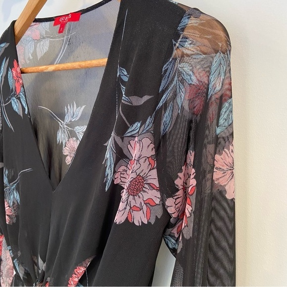 Guess black sheer crop top floral tulip long sleeves V neckline pink blue small - Picture 7 of 12